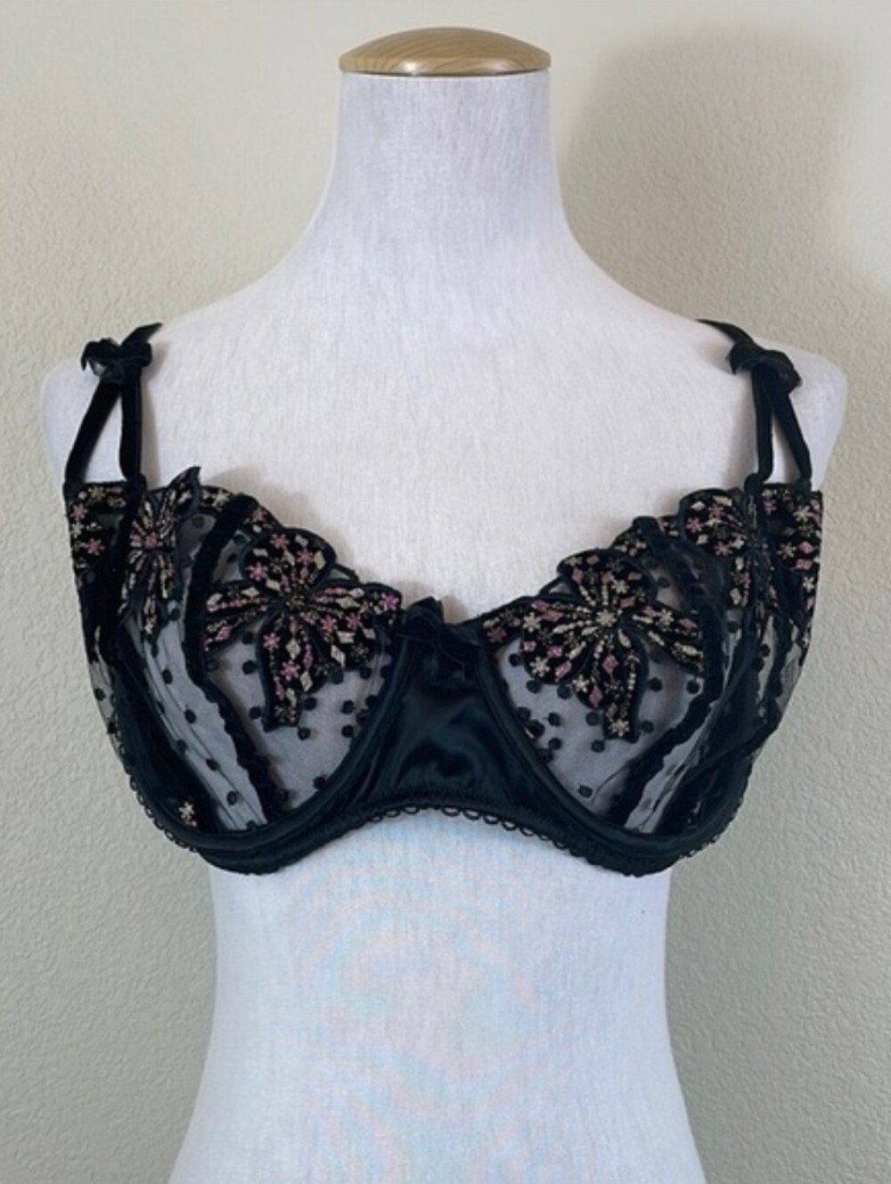 For Love And Lemons Black Sheer Embroidered Bra with Pink Floral Accents